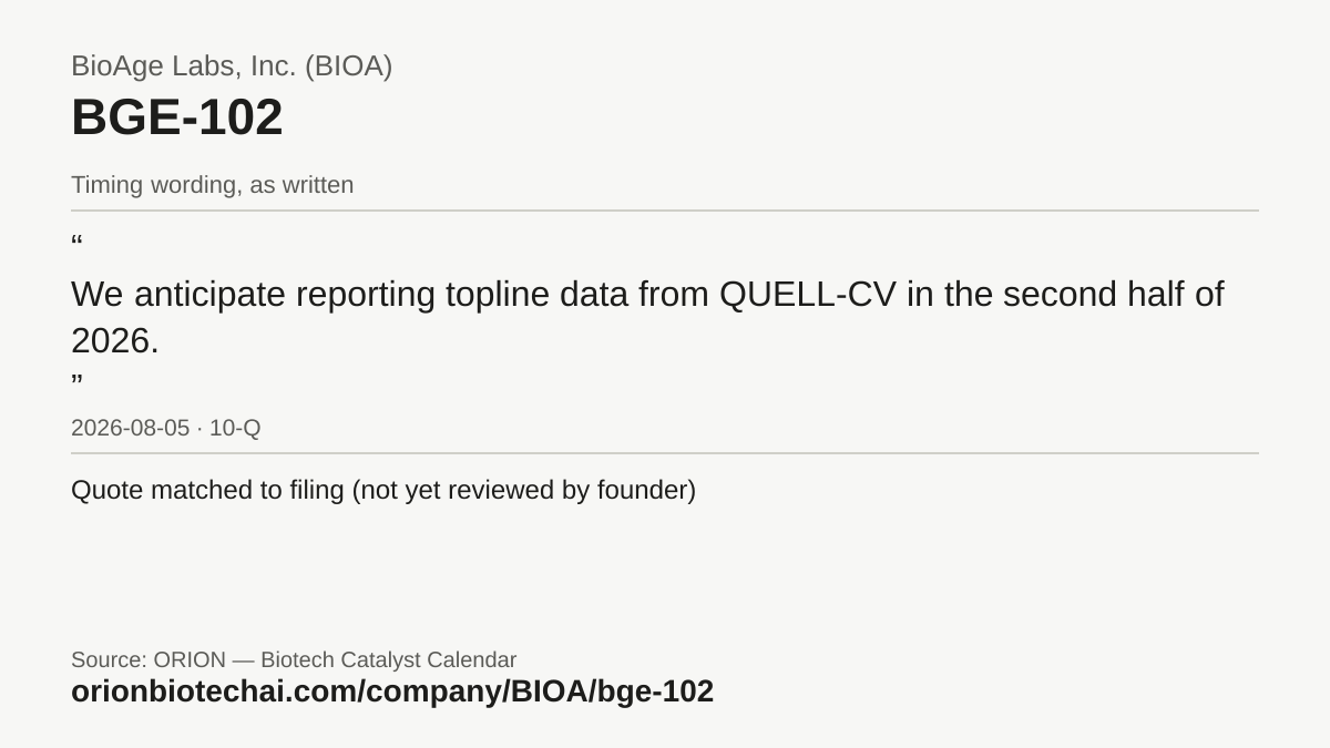 Timeline card: BGE-102, latest timing wording as written, with dates and documents