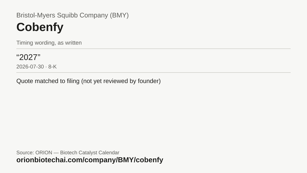 Timeline card: Cobenfy, latest timing wording as written, with dates and documents