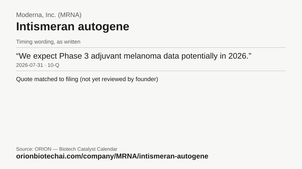 Timeline card: Intismeran autogene, latest timing wording as written, with dates and documents